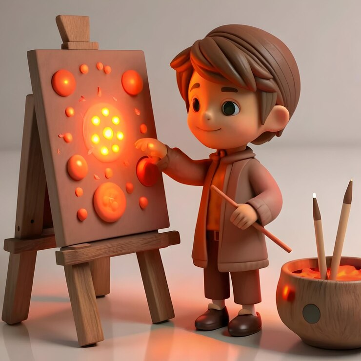 Foto icono plano 3d como estudiante de arte con lienzo y pinturas en el concepto de sala de arte mágico como toma media de un arte