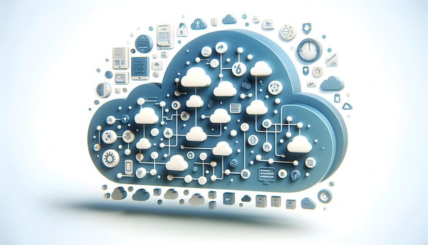 Icono plano 3D como matriz de nubes Una matriz de símbolos de nubes representa la compleja red de compuestos de nubes