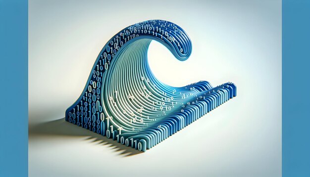 Icono plano 3D como onda binaria Una onda de cascadas de código binario que simboliza el flujo de datos en digital simple