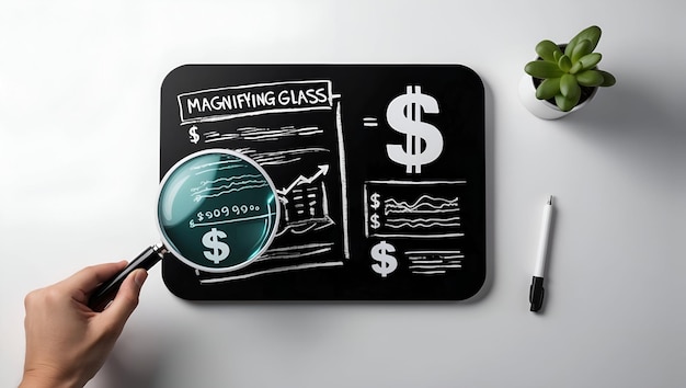 Icono plano en 3d como pizarra con lupa y concepto de signo de dólar como una pizarra con imán