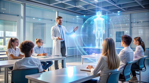 Icono plano 3d como profesor de ciencias con proyector holográfico y estudiantes en concepto de laboratorio futurista como