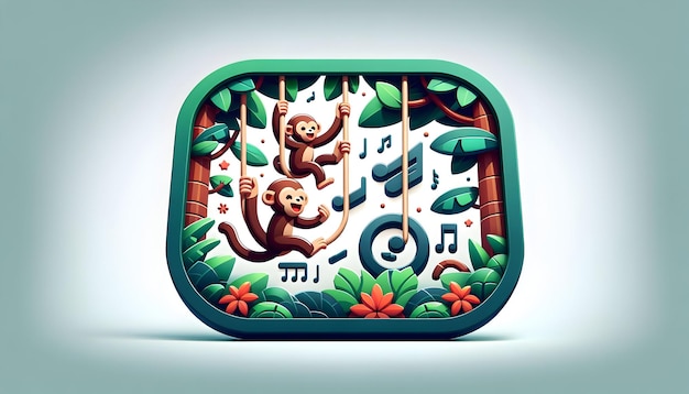 Icono plano en 3D como ritmos de la selva Los monos se balancean a través de la selva ilustrando el ritmo lúdico de la vida en