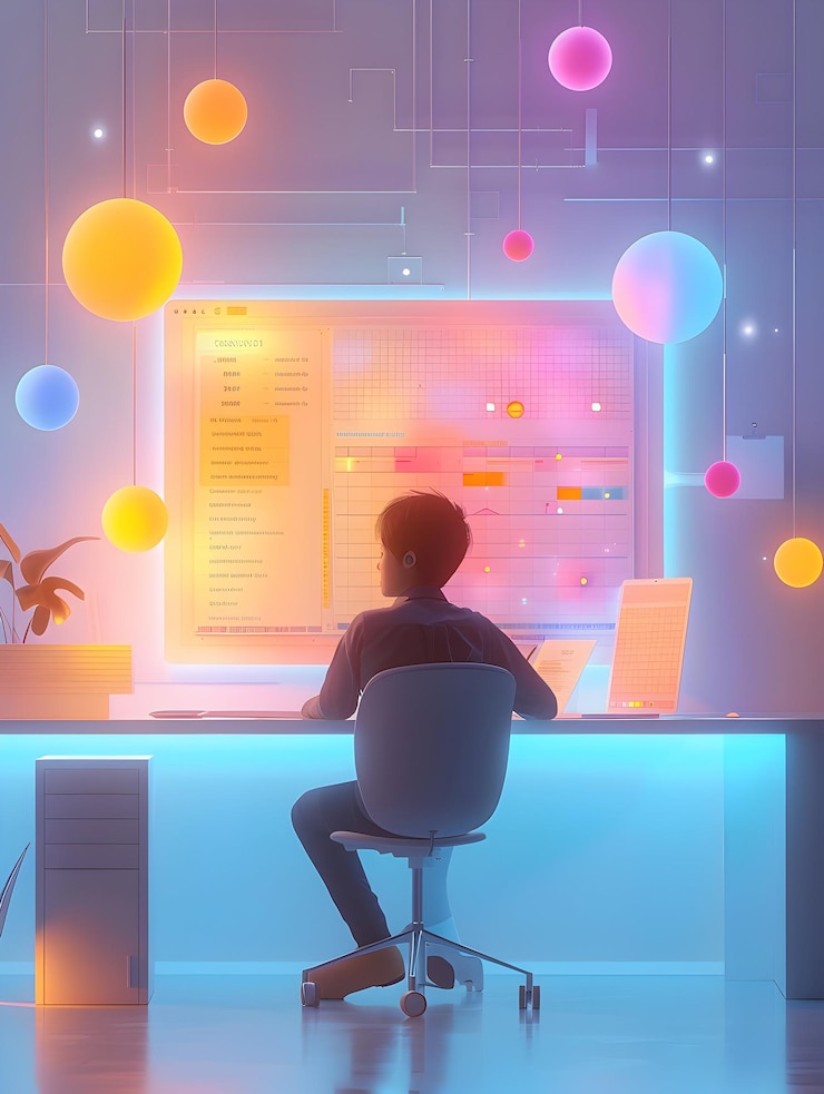 Foto icono plano 3d del coordinador del proyecto con diagrama de gantt y notas en enchanted boardroom wide shot fe