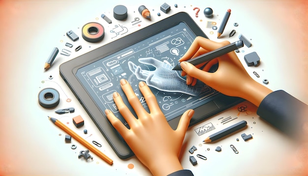 Icono plano 3D Manos humanas usando tableta gráfica con interfaz de software de diseño para tareas creativas Co