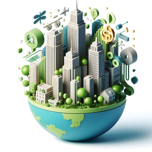 Icono plano 3D para negocios como arquitectura ecológica que transforma los paisajes urbanos en cero carbono con G