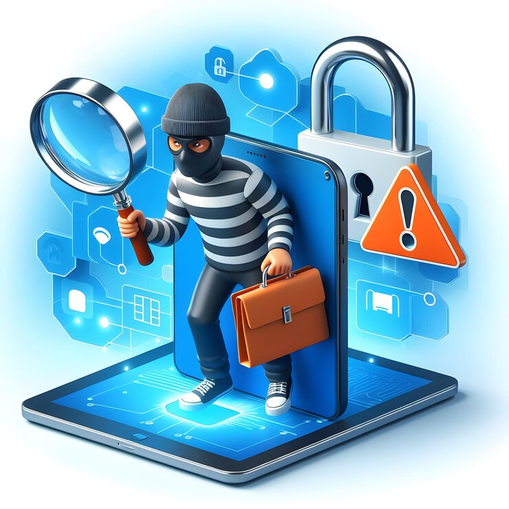 Foto icono plano 3d para negocios como intruso digital ladrón que emerge de una pantalla en amenazas de seguridad en línea
