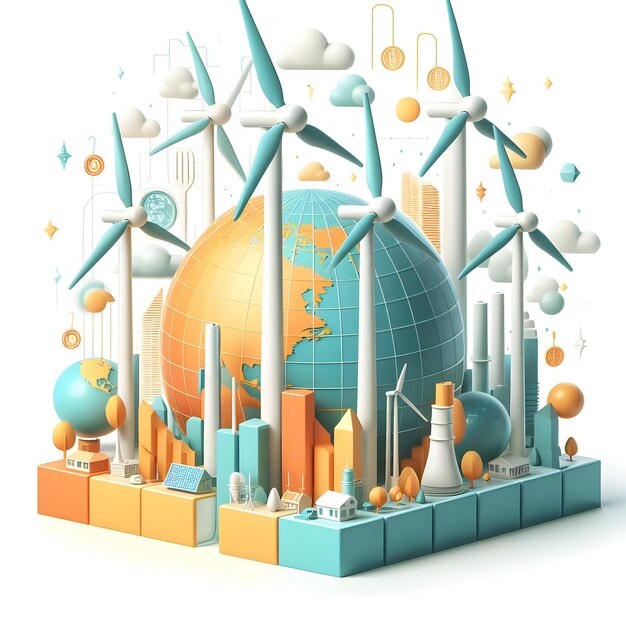 Icono plano 3D para negocios como turbinas eólicas en diferentes paisajes en Zero Carbon con Globe Inn