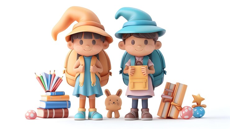 Foto icono plano 3d niños con mochilas mágicas libros encantados concepto aprendizaje mágico de vuelta a schoo