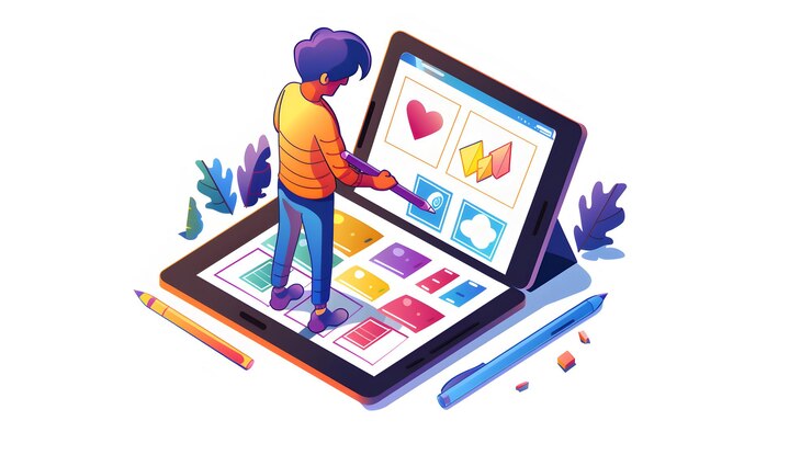 Foto icono plano 3d de persona que utiliza una aplicación de dibujo digital de tableta con stylus concepto de trabajo creativo en whi