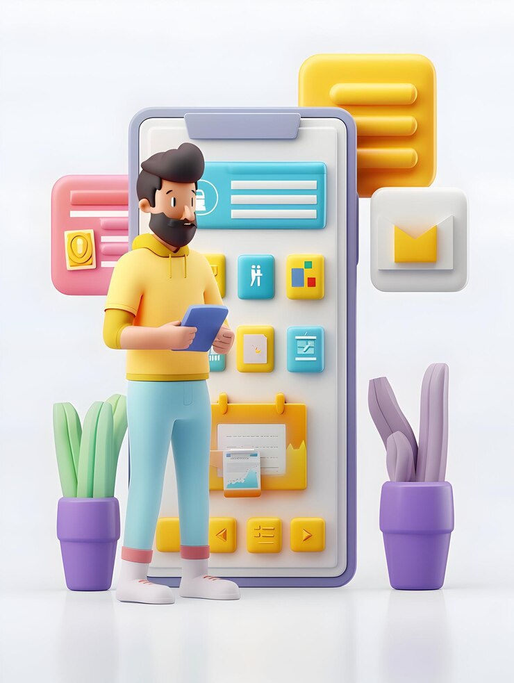 Foto icono plano 3d de una persona que utiliza una aplicación móvil para la presentación de impuestos concepto en fondo plano aislado blanco