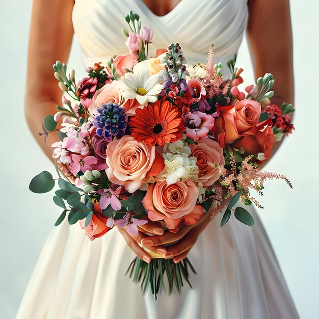 Foto icono plano 3d que destaca los arreglos florales del ramo nupcial en el tema de la boda con tomas en primer plano