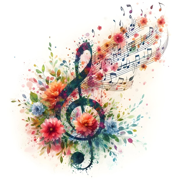 icono plano como Sinfonía floral como una representación en acuarela de notas musicales que se convierten en una cascada de f