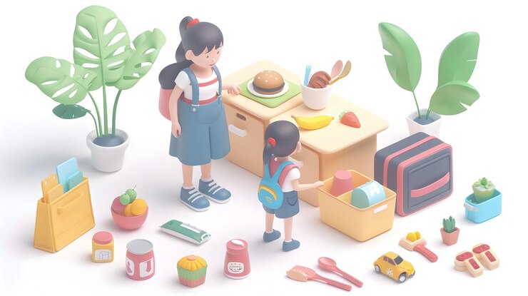 Foto icono plano isométrico 3d padres preparando una caja de almuerzo escolar nutritiva para el día de los niños