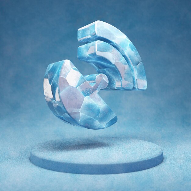 Icono de plato de satélite. Símbolo de plato de satélite de hielo azul agrietado en el podio de nieve azul. Icono de redes sociales para sitio web, presentación, elemento de plantilla de diseño. Render 3D.