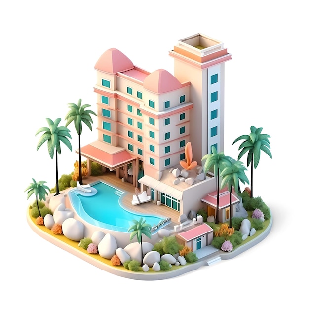 Icono de poli baja isométrica de hotel tropical