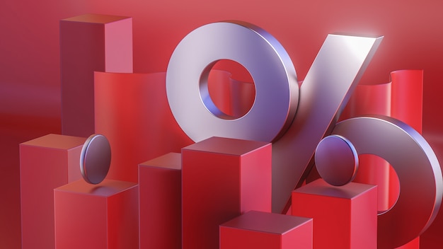 Icono de porcentaje 3D en la ilustración 3d de fondo rojo