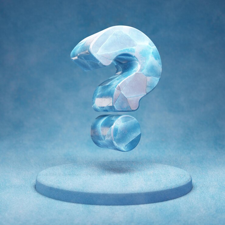 Foto icono de pregunta. símbolo de pregunta de hielo azul agrietado en el podio de nieve azul. icono de redes sociales para sitio web, presentación, elemento de plantilla de diseño. render 3d.