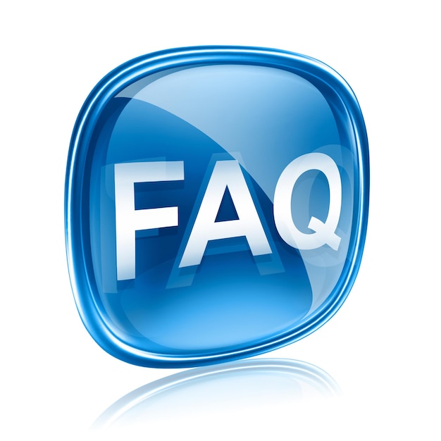 icono de preguntas frecuentes vidrio azul aislado en blanco