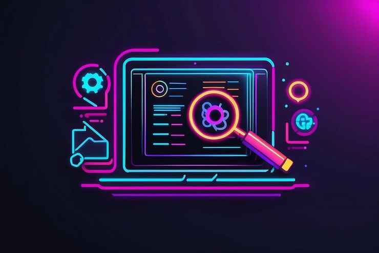 Foto icono de proceso de búsqueda elementos de desarrollo web en iconos de estilo neón