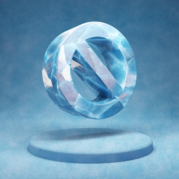 Icono de prohibición. Símbolo de prohibición de hielo azul agrietado en el podio de nieve azul. Icono de redes sociales para sitio web, presentación, elemento de plantilla de diseño. Render 3D.