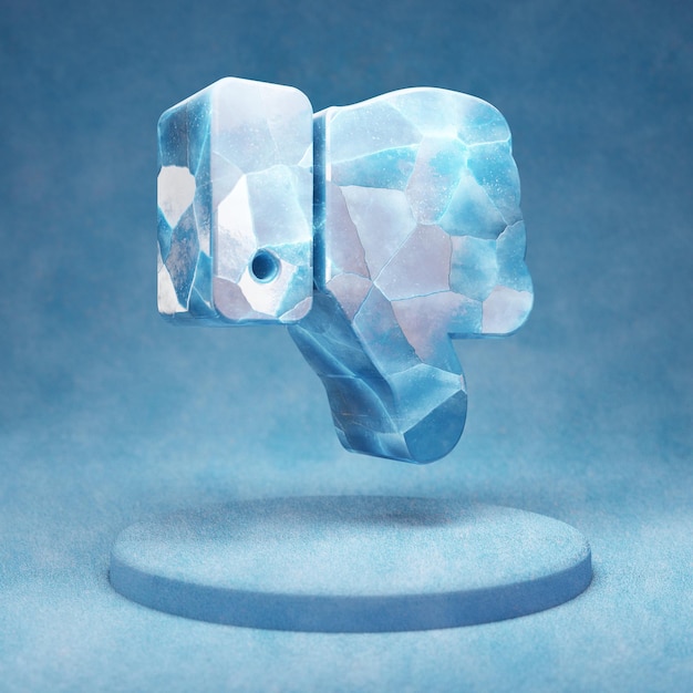 Icono de pulgar hacia abajo. Símbolo de pulgares abajo de hielo azul agrietado en el podio de nieve azul. Icono de redes sociales para sitio web, presentación, elemento de plantilla de diseño. Render 3D.