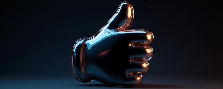 Icono de pulgares metálicos brillantes en 3D contra un telón de fondo oscuro