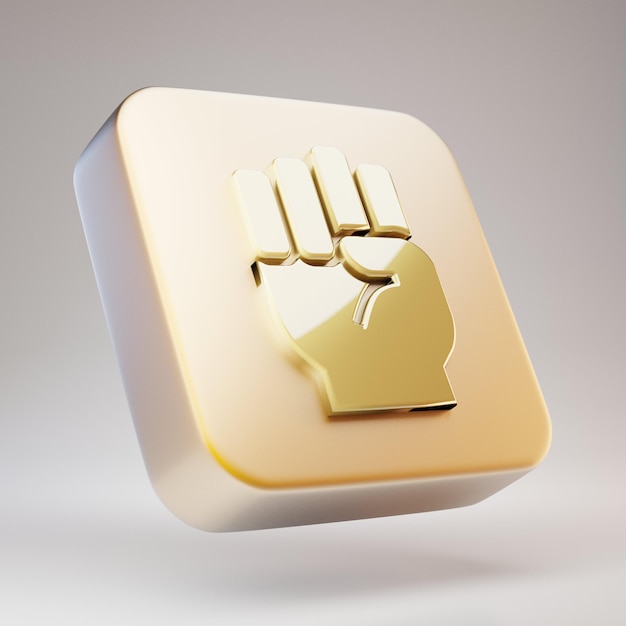 Icono de puño. Símbolo del puño de oro sobre placa de oro mate. 3D prestados icono de redes sociales.