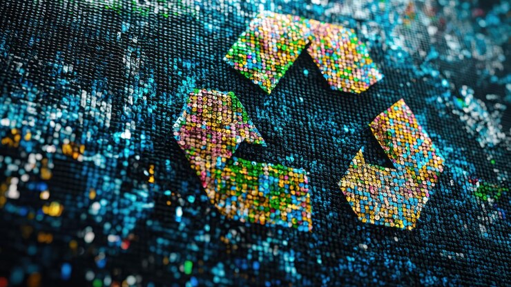 Foto icono de reciclaje colorido hecho de materiales ecológicos en una pantalla digital