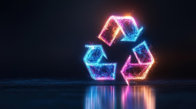 Icono de reciclaje de neón futurista en fondo oscuro para temas ecológicos