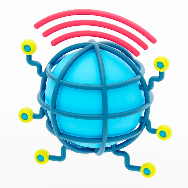 Foto icono de red 3d representado con globo de marco de alambre y señal inalámbrica