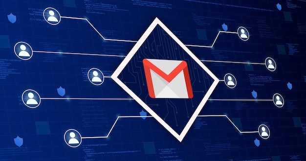 Icono de red social de Gmail que conecta el sistema con otros usuarios sobre un fondo tecnológico con elementos de código 3d