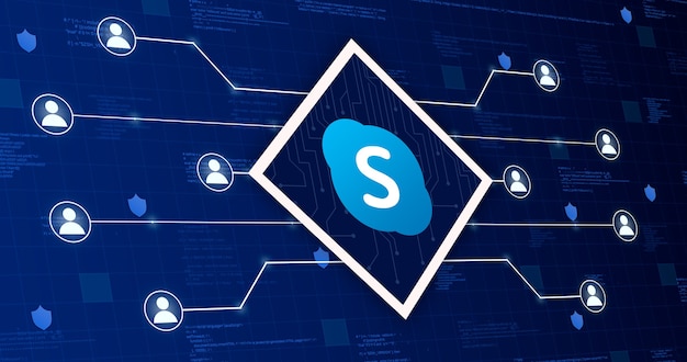 Icono de red social de skype que conecta el sistema con otros usuarios sobre un fondo tecnológico con elementos de código 3d