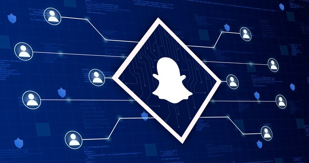 Icono de la red social Snapchat que conecta el sistema con otros usuarios sobre un fondo tecnológico con elementos de código 3d