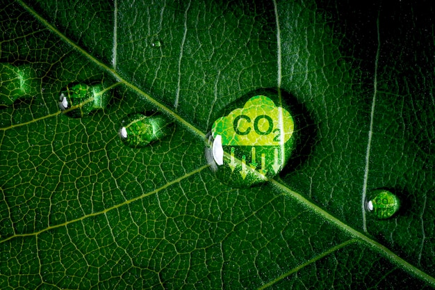 Icono de reducción de CO2 en la hoja verde con gota de agua para reducir la huella de carbono de CO2 y el crédito de carbono para limitar el calentamiento global del cambio climático Concepto de economía verde circular bio