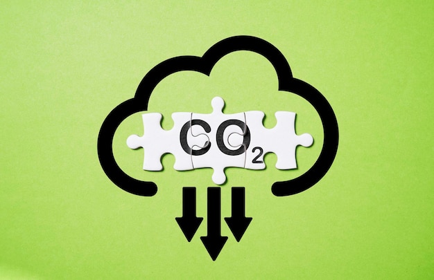 Foto icono de reducción de co2 en un rompecabezas blanco para disminuir la huella de carbono de co2 y crédito de carbono para limitar el calentamiento global del cambio climático concepto de bio circular green economy