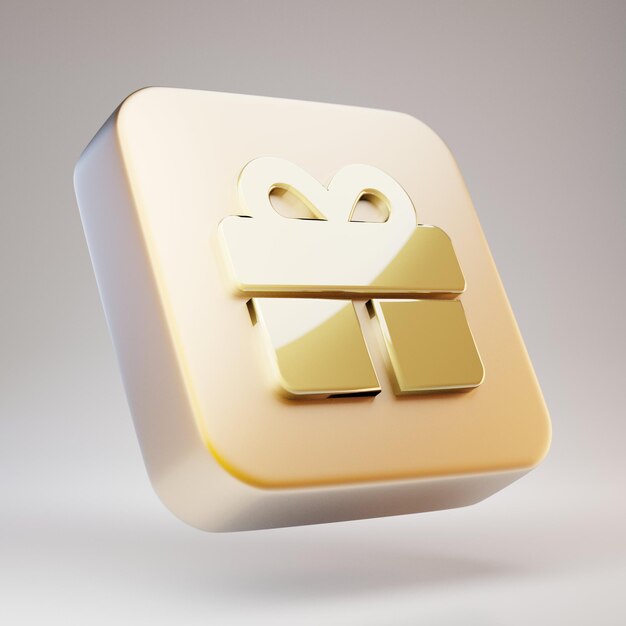 Icono de regalo. Símbolo de regalo dorado en placa de oro mate. 3D prestados icono de redes sociales.