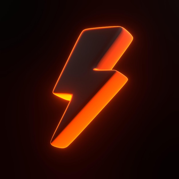 Icono de relámpago con luces de neón anaranjadas futuristas brillantes sobre fondo negro renderizado en 3D