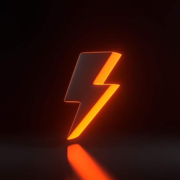 Icono de relámpago con luces de neón anaranjadas futuristas brillantes sobre fondo negro renderizado en 3D
