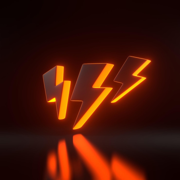 Foto icono de relámpago con luces de neón anaranjadas futuristas brillantes sobre fondo negro renderizado en 3d