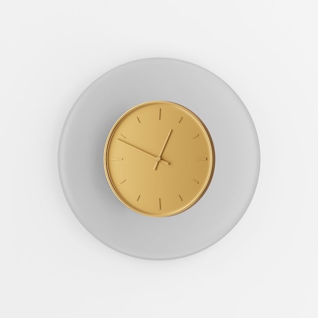 Icono de reloj redondo de pared de oro. Botón de tecla redonda gris de renderizado 3D, elemento de interfaz ui ux de interfaz.