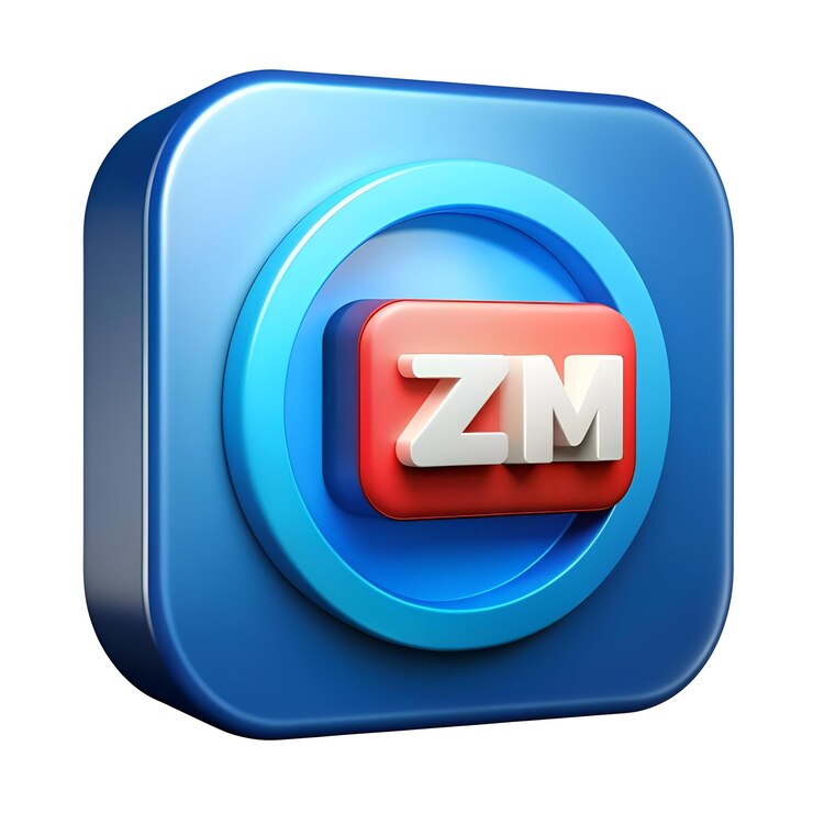 Foto un icono renderizado en 3d con las iniciales zm en una fuente 3d blanca en un botón rectangular rojo rodeado por un círculo azul y un fondo cuadrado azul
