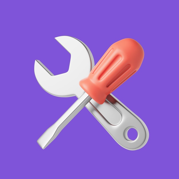 Icono de reparación simple con llave inglesa y tornillo Ilustración de renderización 3D