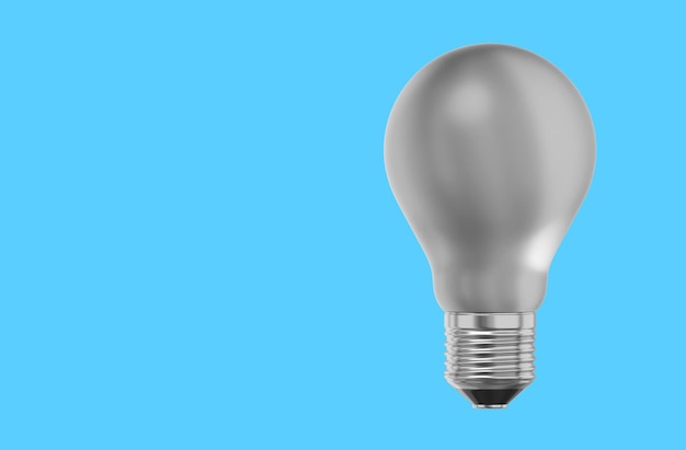 Icono de representación 3D de bombilla de luz blanca realista en el espacio de texto de fondo azul