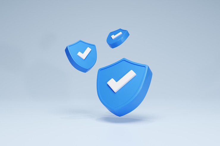 Icono de representación 3D Escudo de seguridad Marca de verificación Conjunto de perspectiva Vista Fondo de color azul