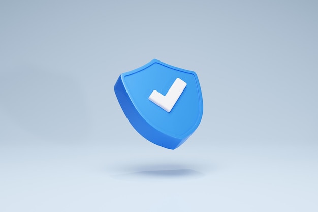 Icono de representación 3D Escudo de seguridad Marca de verificación Vista en perspectiva Fondo de color azul