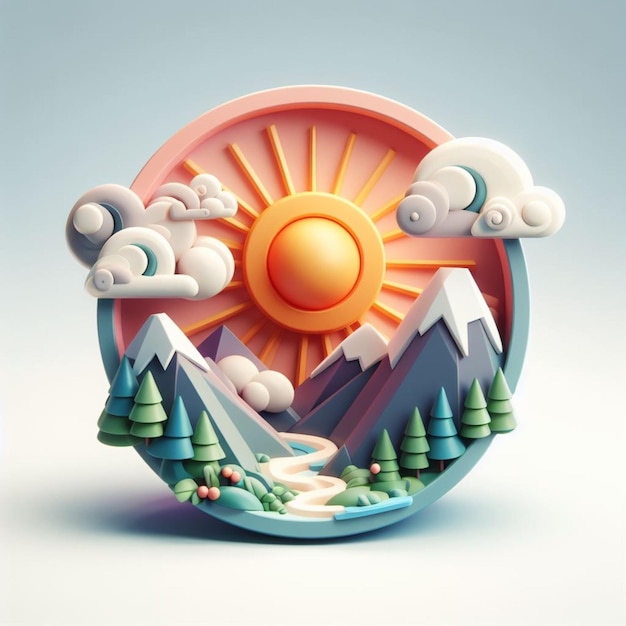 Foto icono de representación 3d de formas de sol y nubes de montaña