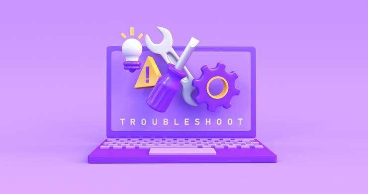 Foto icono de resolución de problemas del portátil en fondo púrpura renderizado en 3d