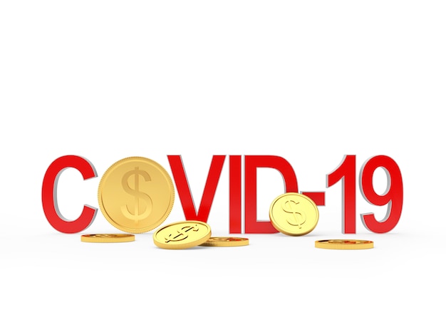 Icono rojo covid-19 y monedas de dólar