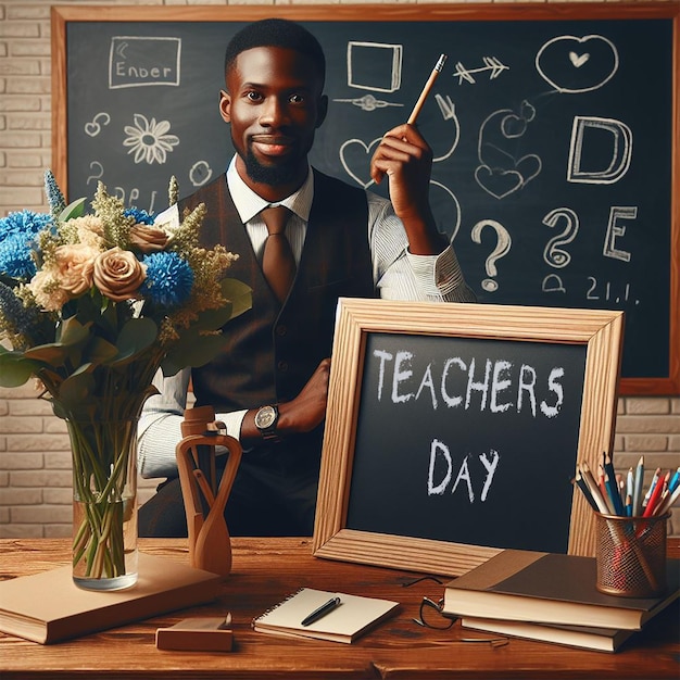Icono de saludos para el día festivo de los maestros Concepto del día del conocimiento de la educación Marco de tabla de tiza de madera y jarrón