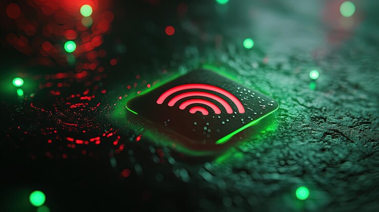Foto un icono de señal inalámbrica brillante en una superficie húmeda con luces de colores